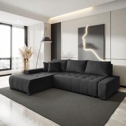 Narożnik z funkcją spania Draco L  Barrel  czarny  aranżacja lewy