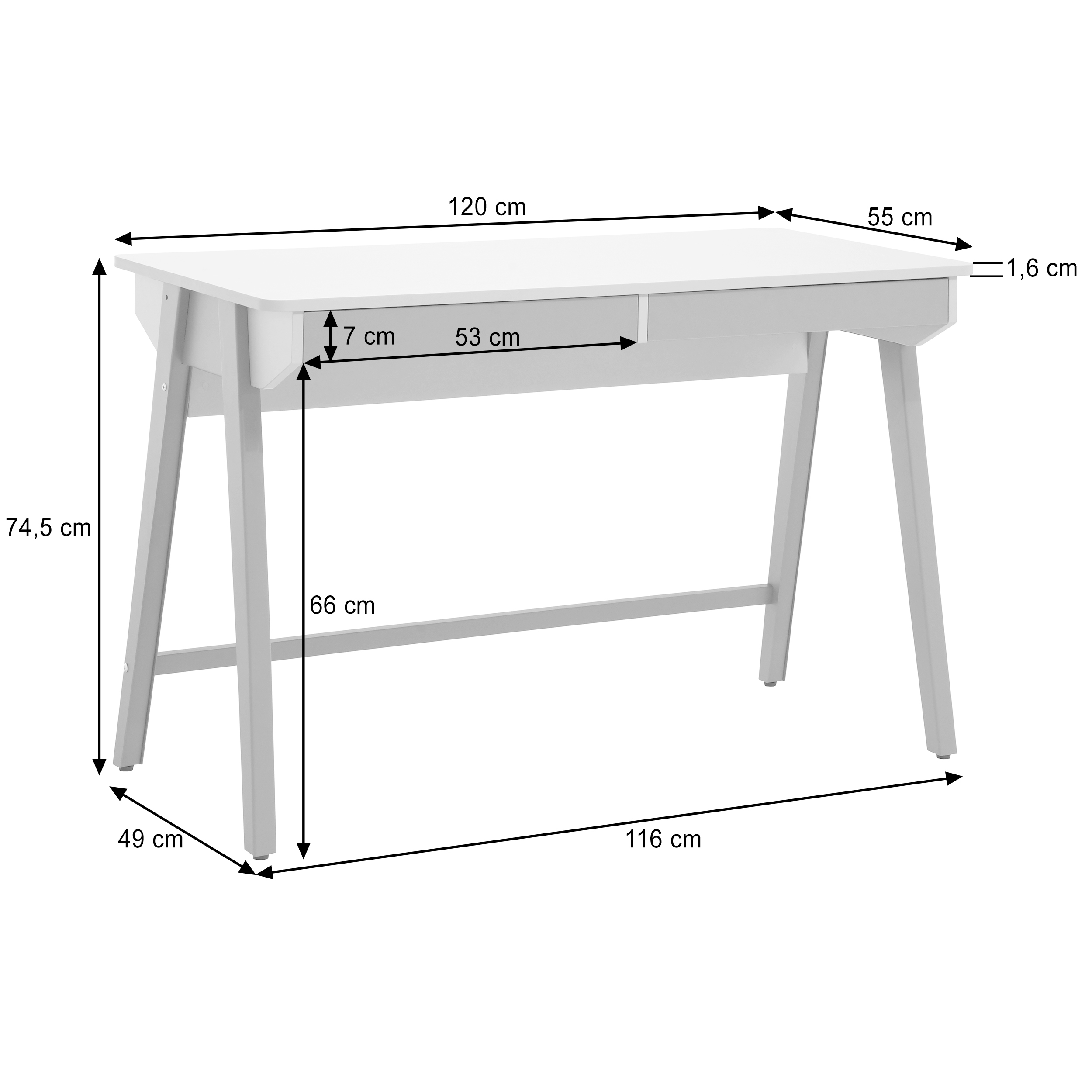 Wymiary biurka BOREO – 120x55x74,5 cm