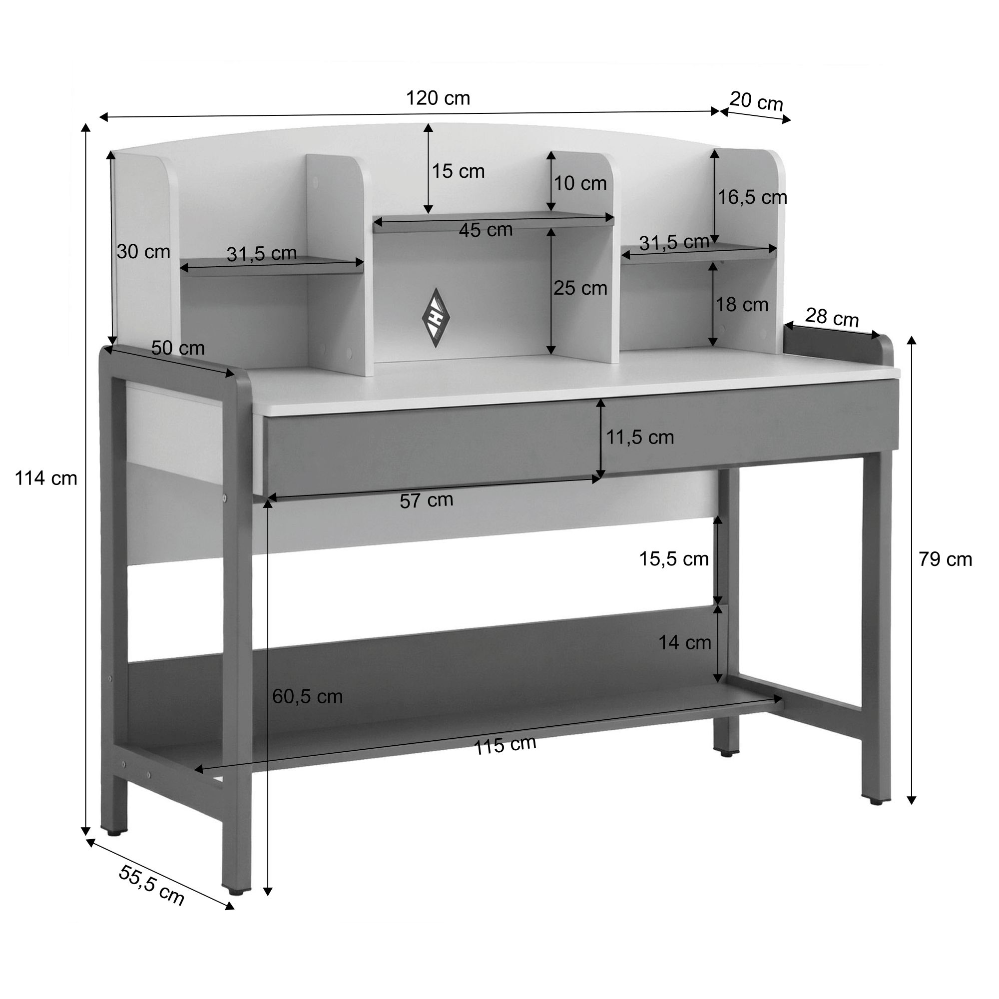 Wymiary biurka BOREO 120x55,5x114 cm