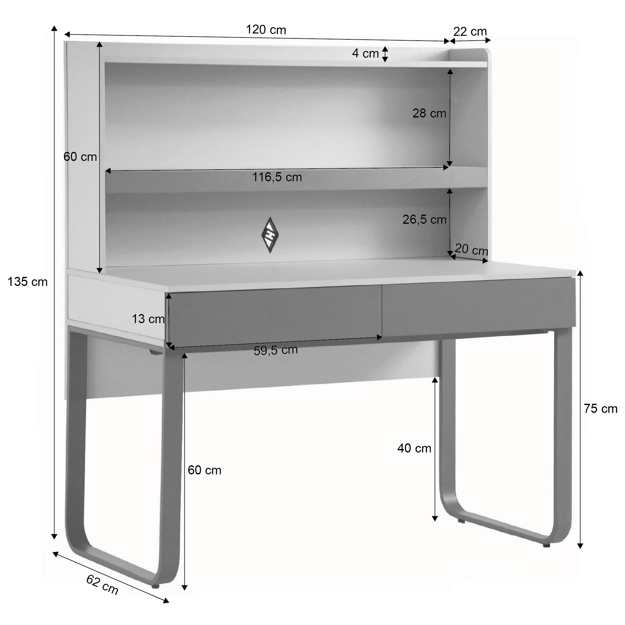 Wymiary biurka BOREO – 120x62x135 cm