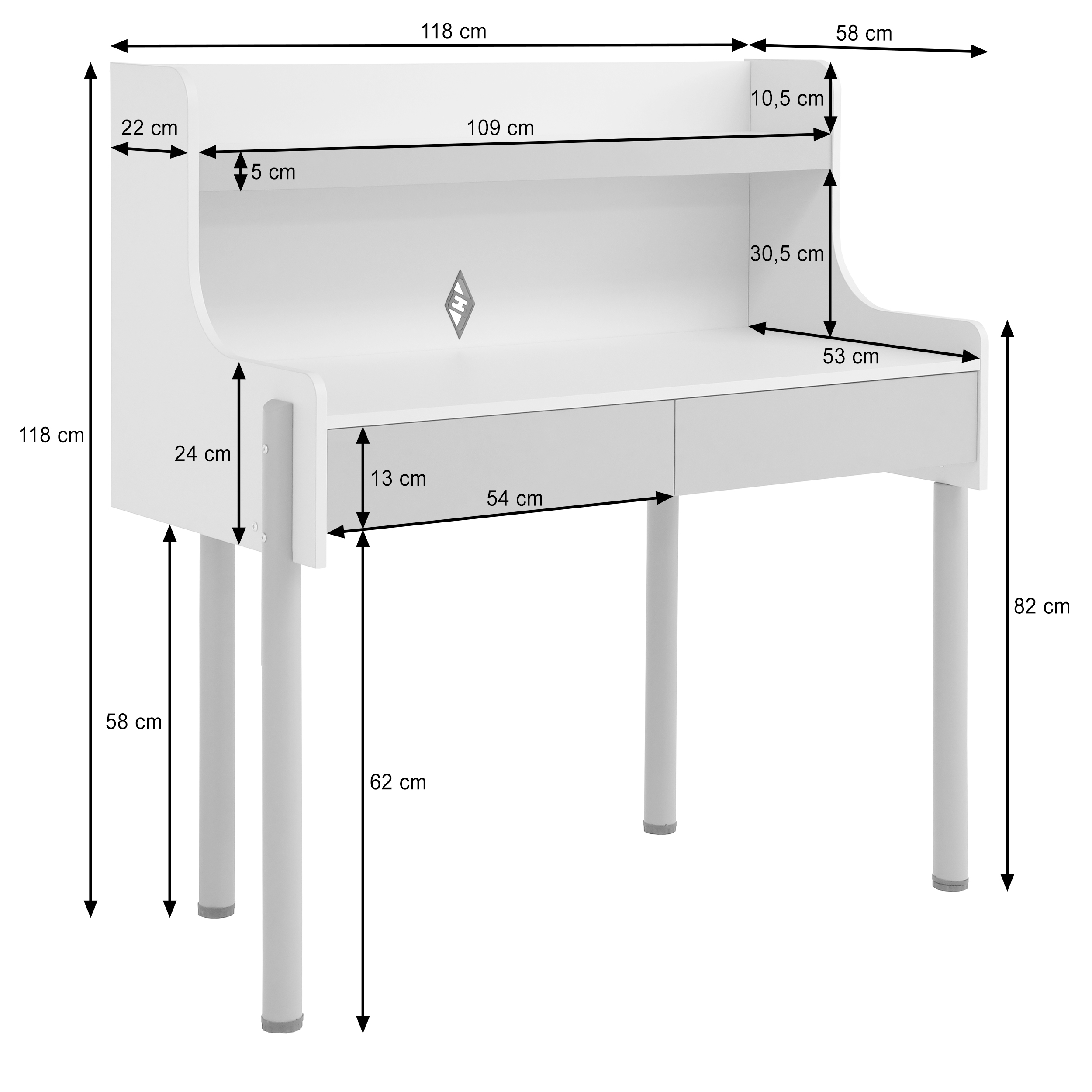 Wymiary biurka BOREO – 118x58x118 cm