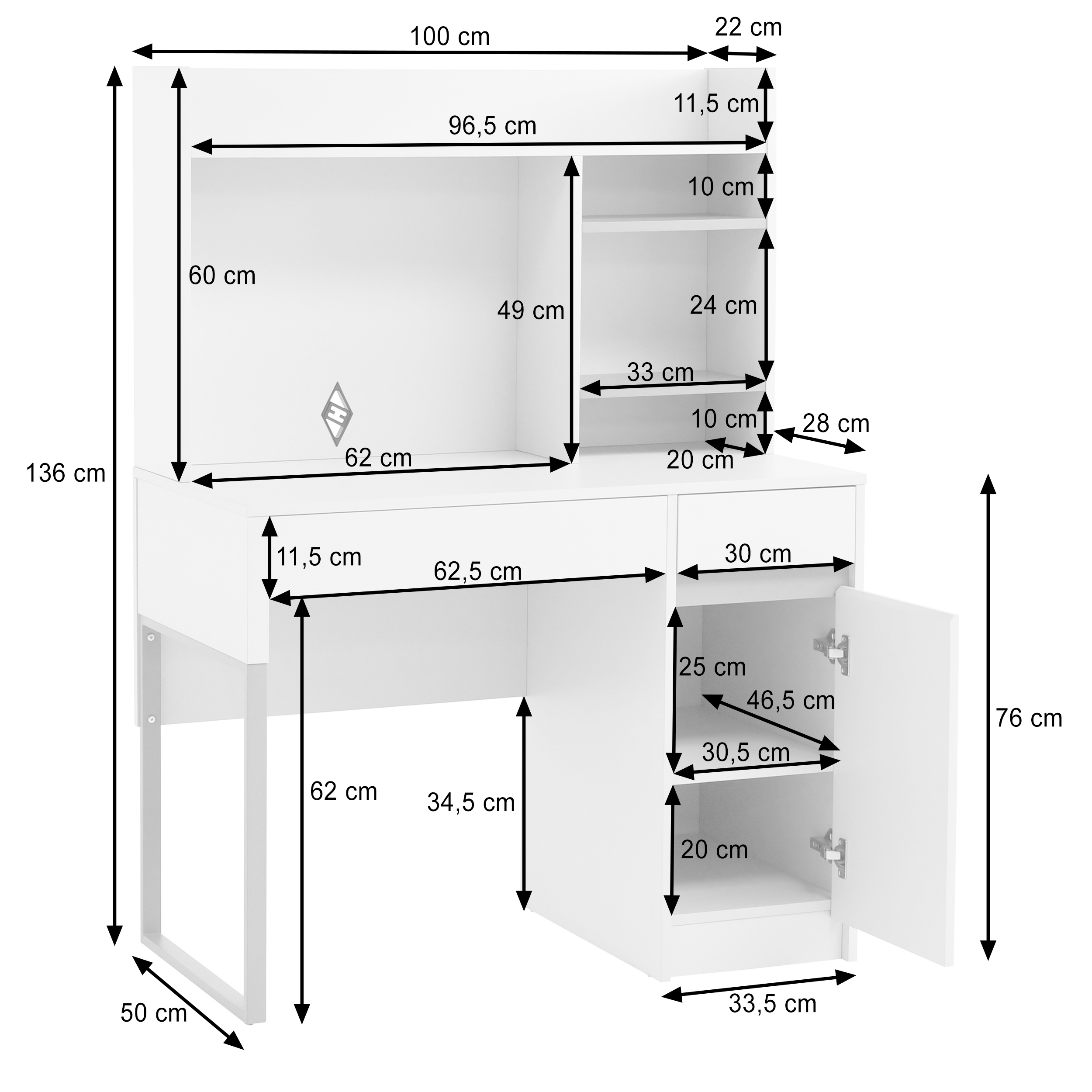 Wymiary biurka BOREO 100x50x136 cm