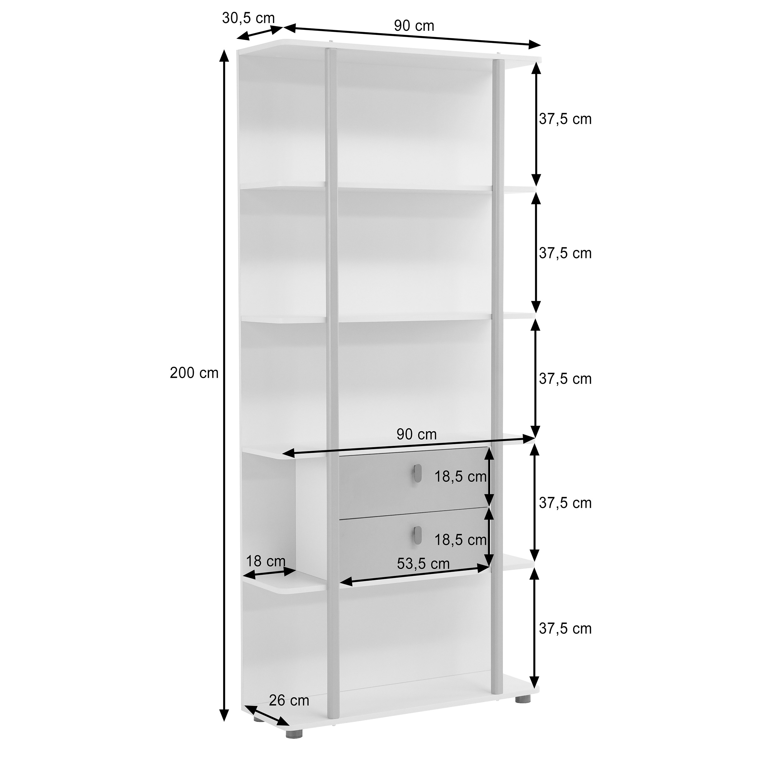 Wymiary regału BOREO 90x26x200 cm kaszmir cappuccino