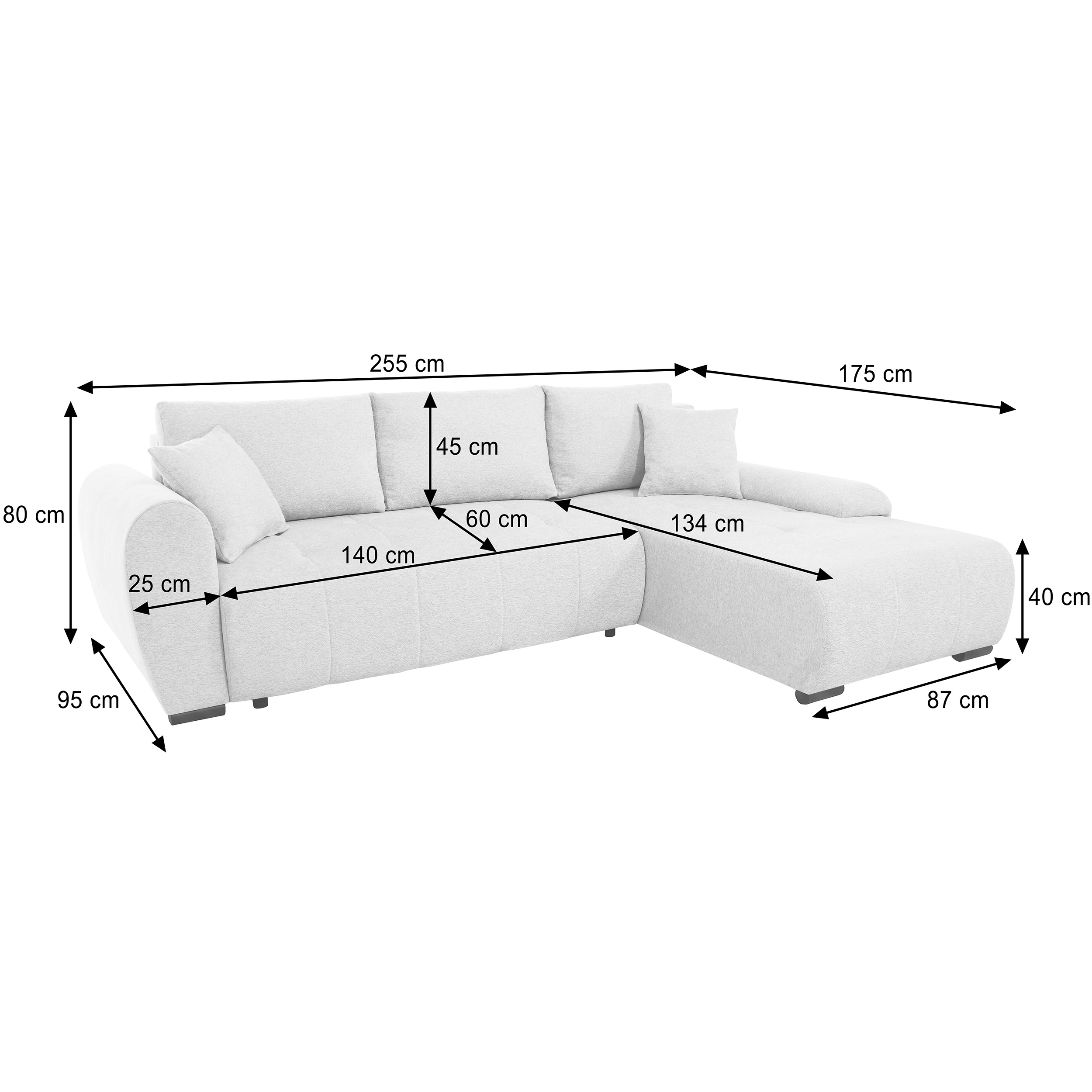 Wymiary narożnika DALLAS – szerokość 255 cm, funkcja spania 125x201 cm