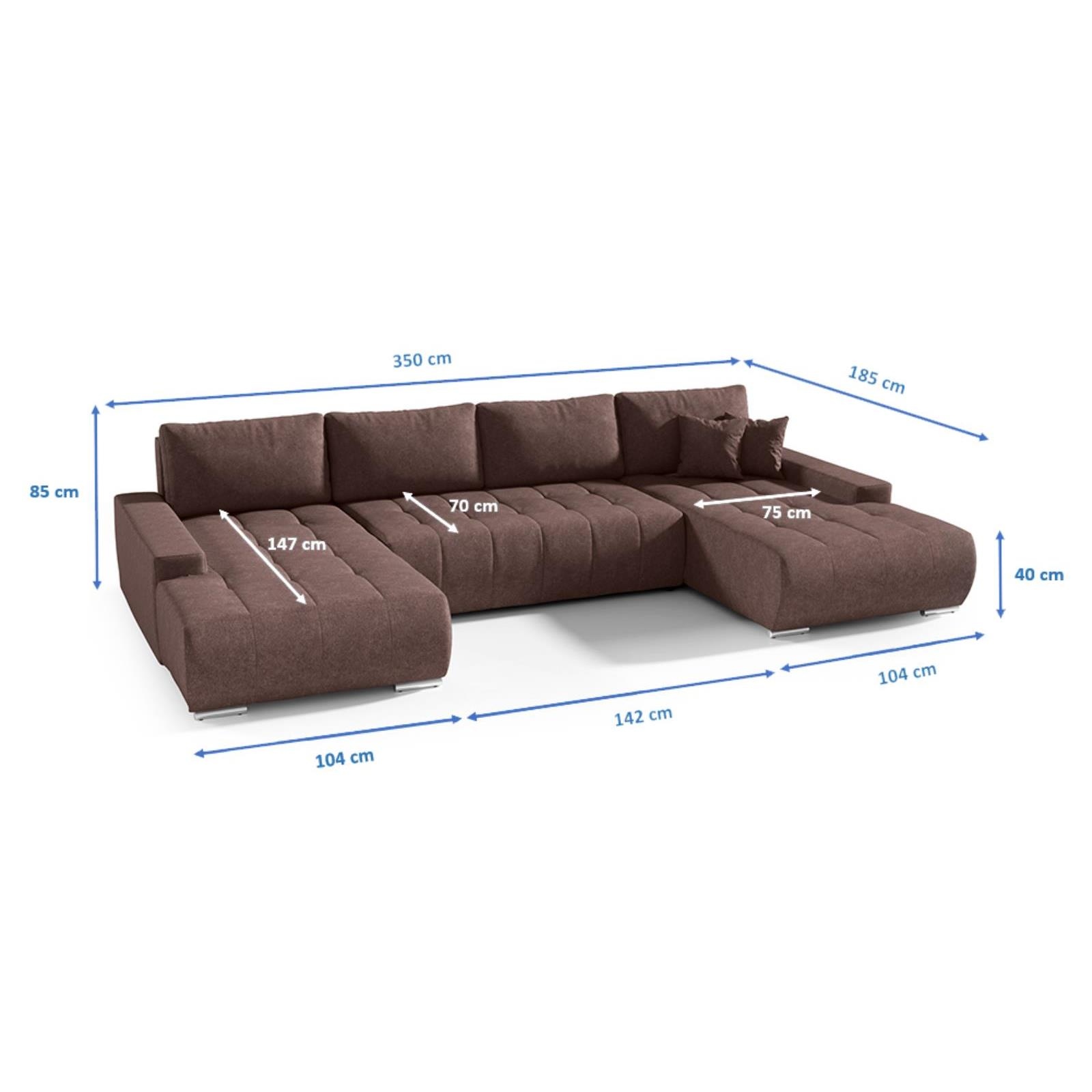 Wymiary narożnika DRACO U – szerokość 350 cm i powierzchnia spania 290x140 cm