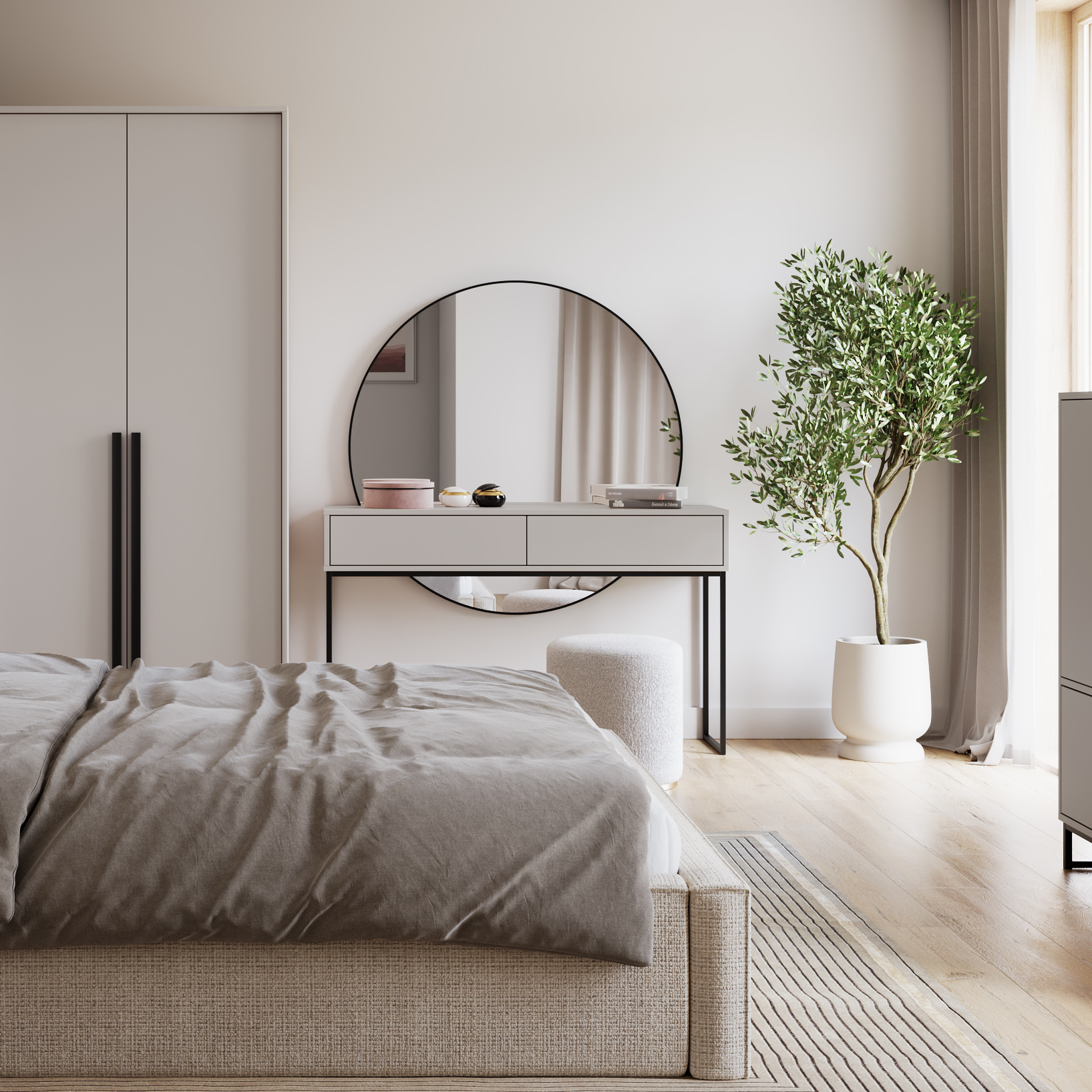 Toaletka GIANA w nowoczesnej sypialni – sandbeige i zieleń butelkowa