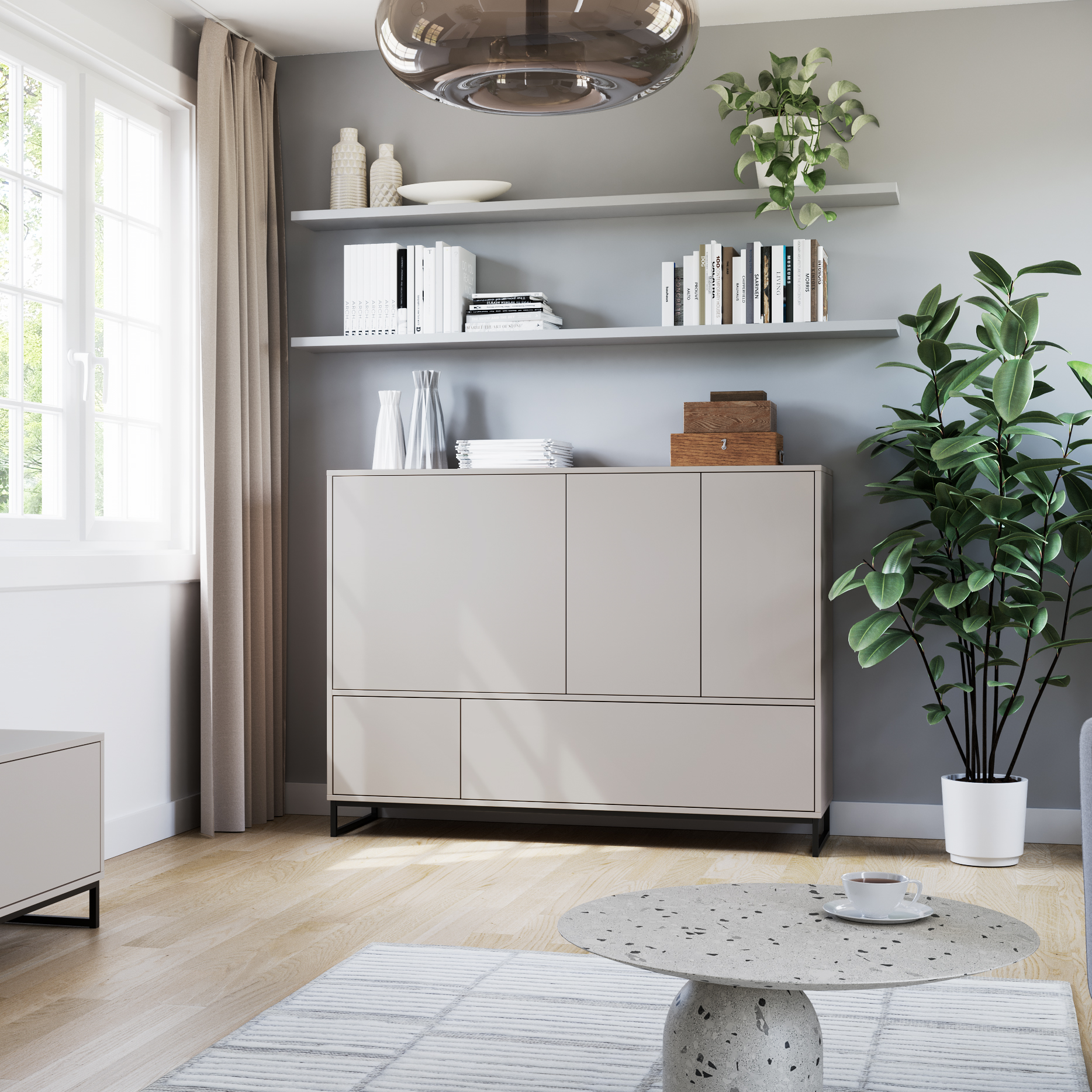 Komoda GIANA w nowoczesnym salonie – beż piaskowy i butelkowa zieleń