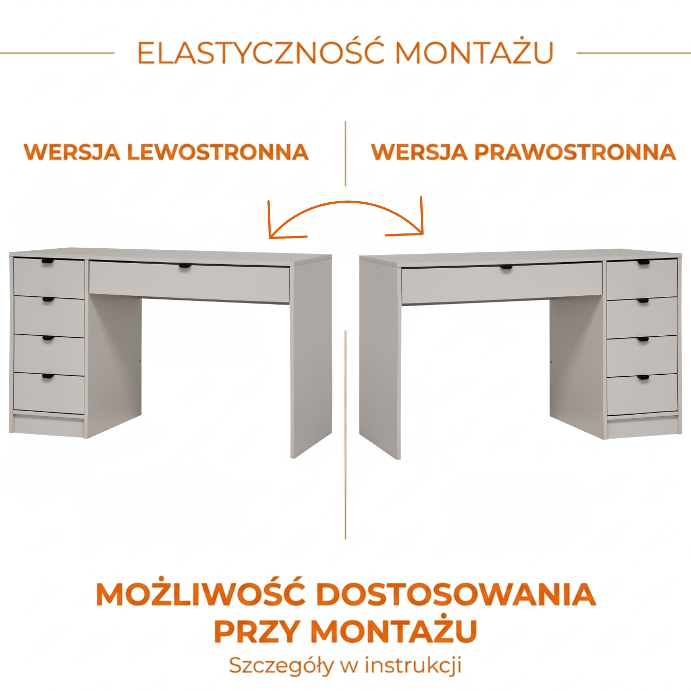 Biurko MALTA – montaż szuflad po prawej lub lewej stronie