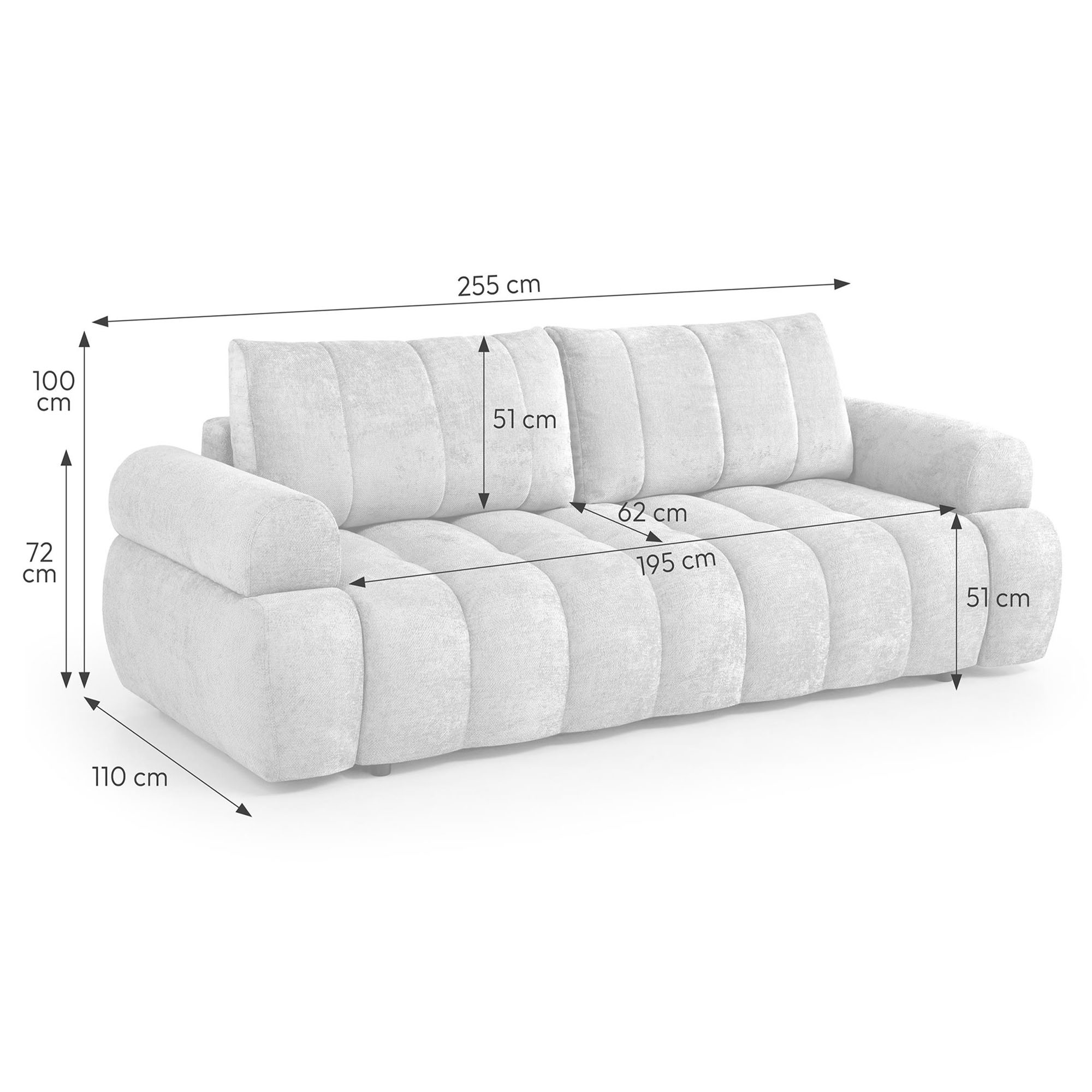 Wymiary sofy MAVI 255 cm z funkcją spania 195x145 cm