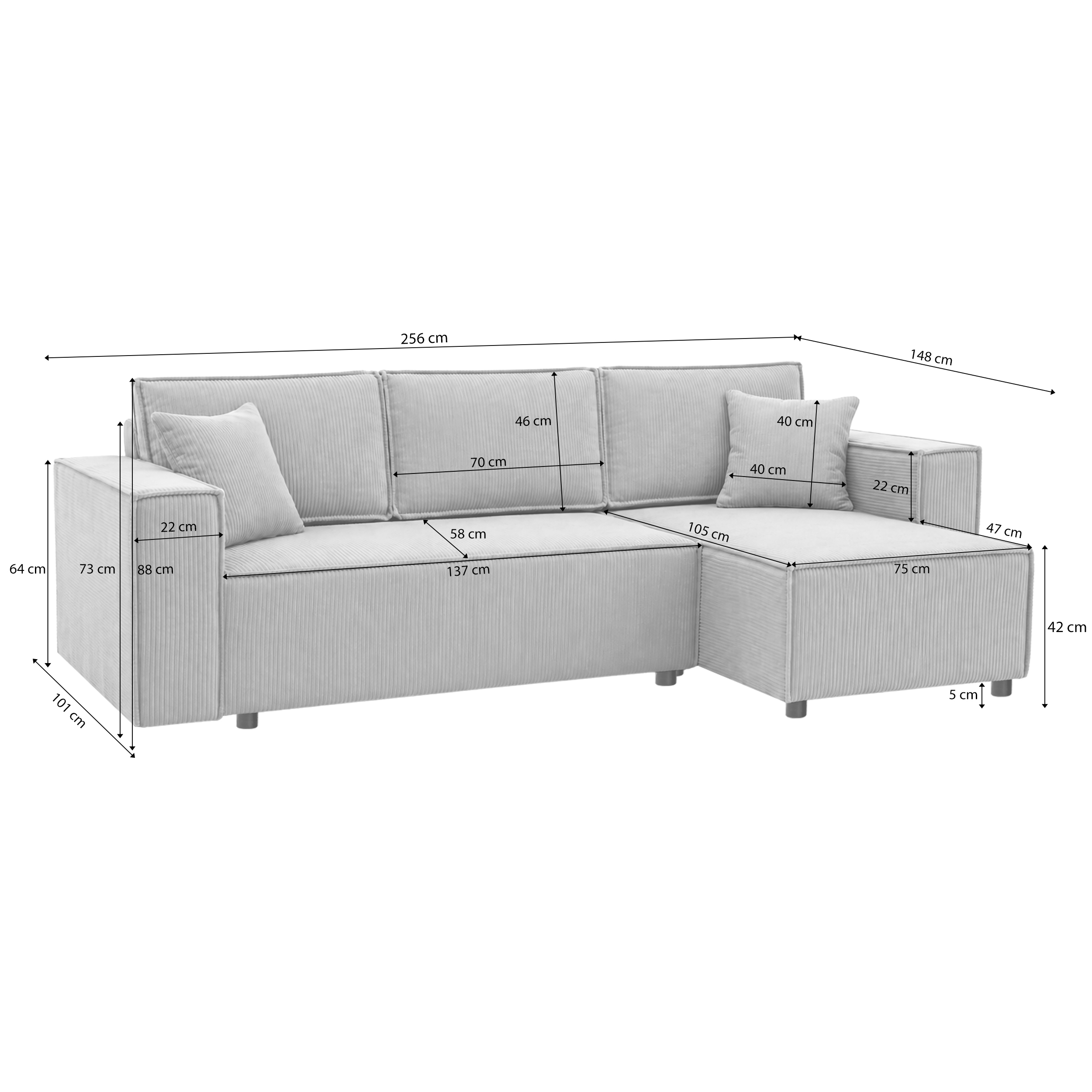 Wymiary narożnika NEAPOL – 256 cm, funkcja spania 143x212 cm