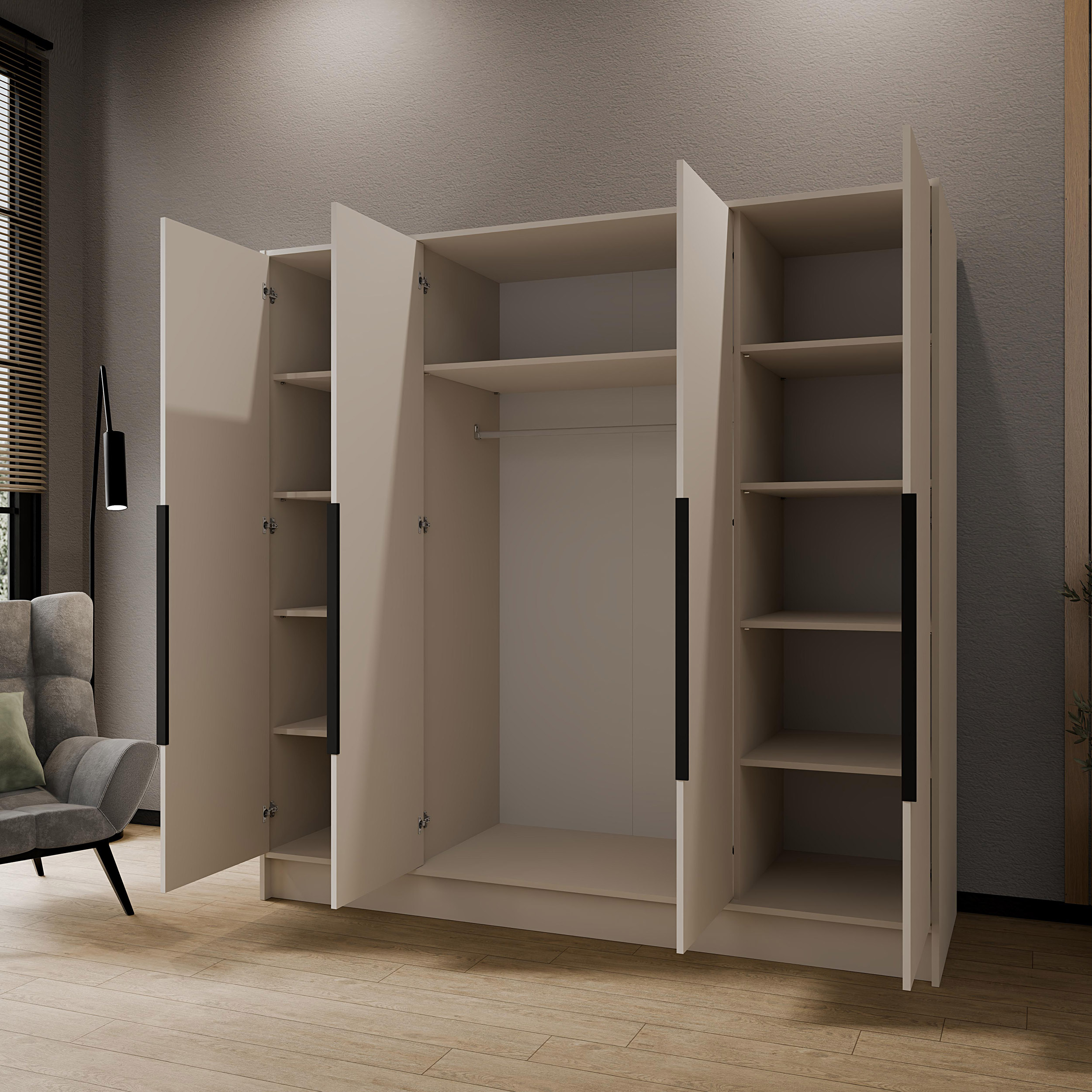 Wnętrze szafy PAVIA z półkami i drążkami