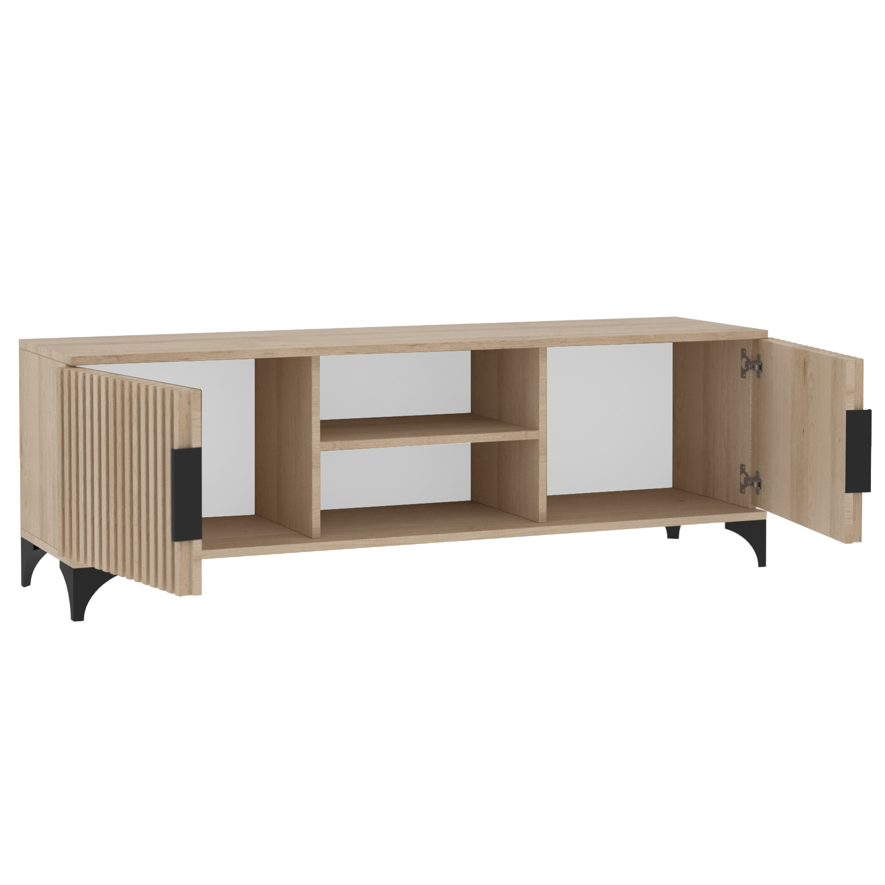 Zawias z cichym domykiem w szafce RTV HOME z lamelami