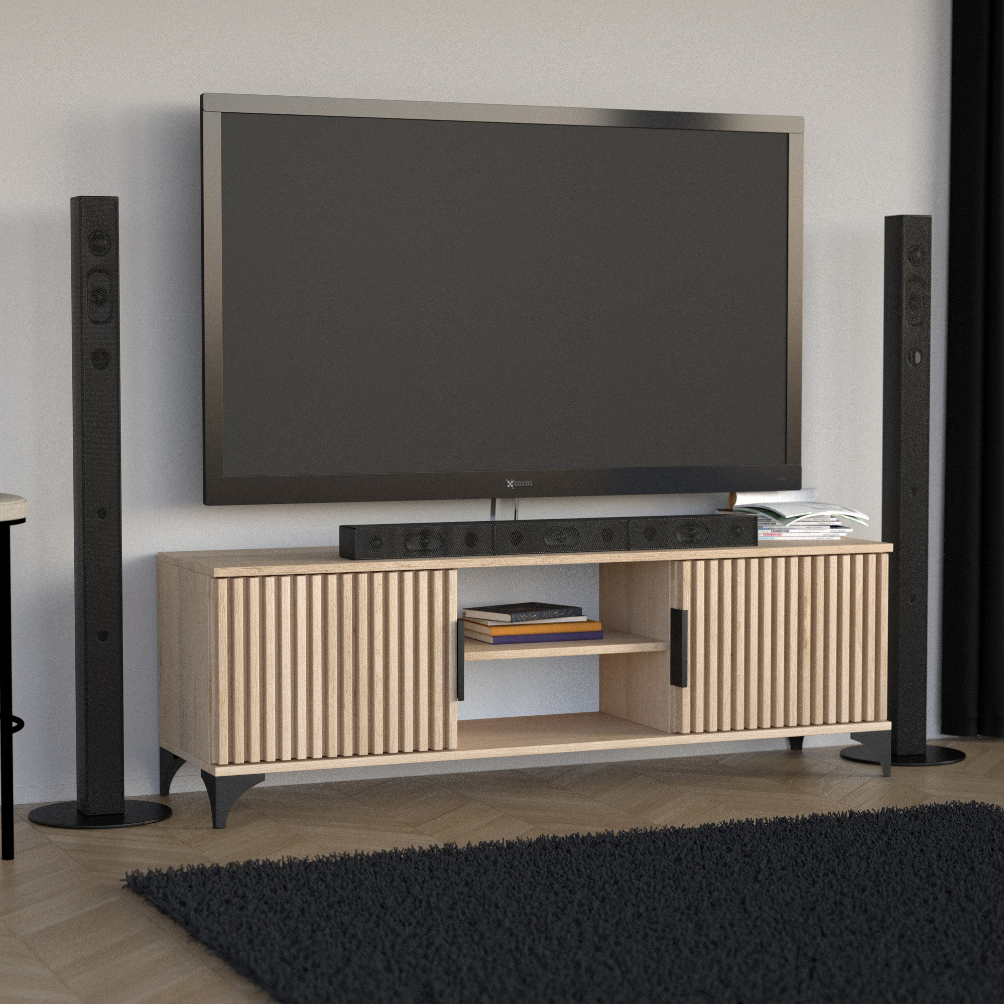 Szafka RTV HOME z lamelami w aranżacji salonu