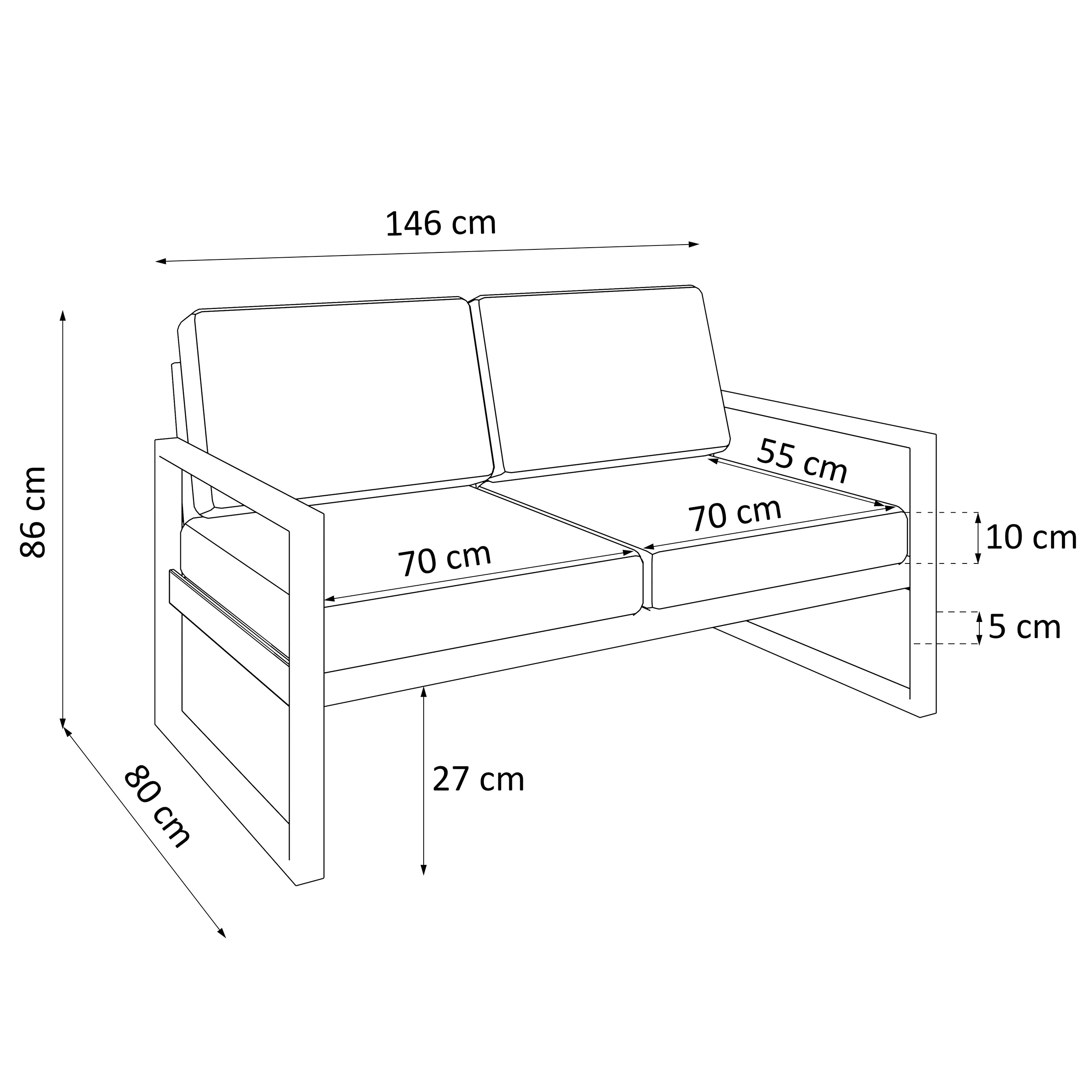 Wymiary sofy ogrodowej STELLA 2-osobowej