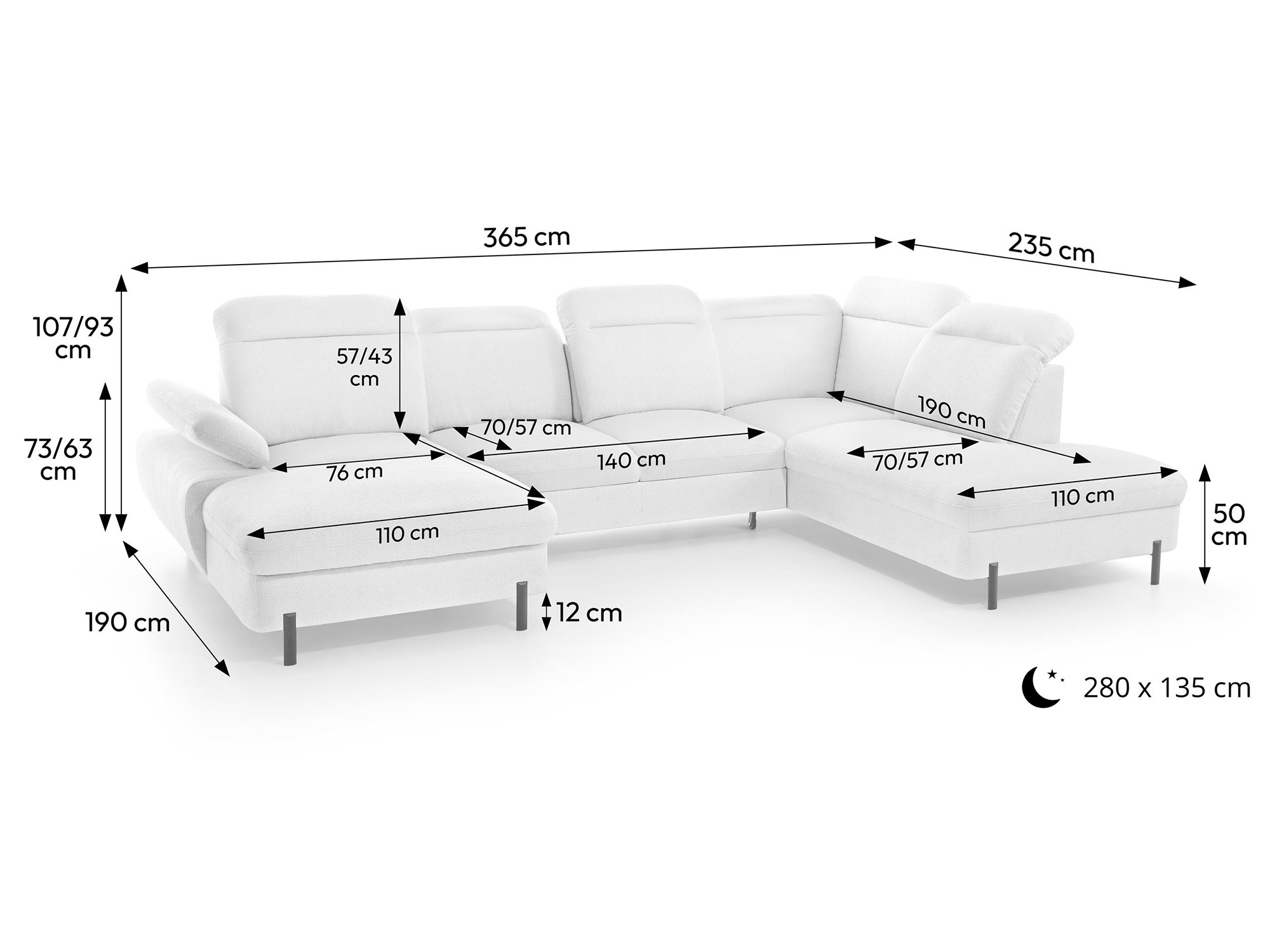 Wymiary narożnika SORA U 365 cm z funkcją spania