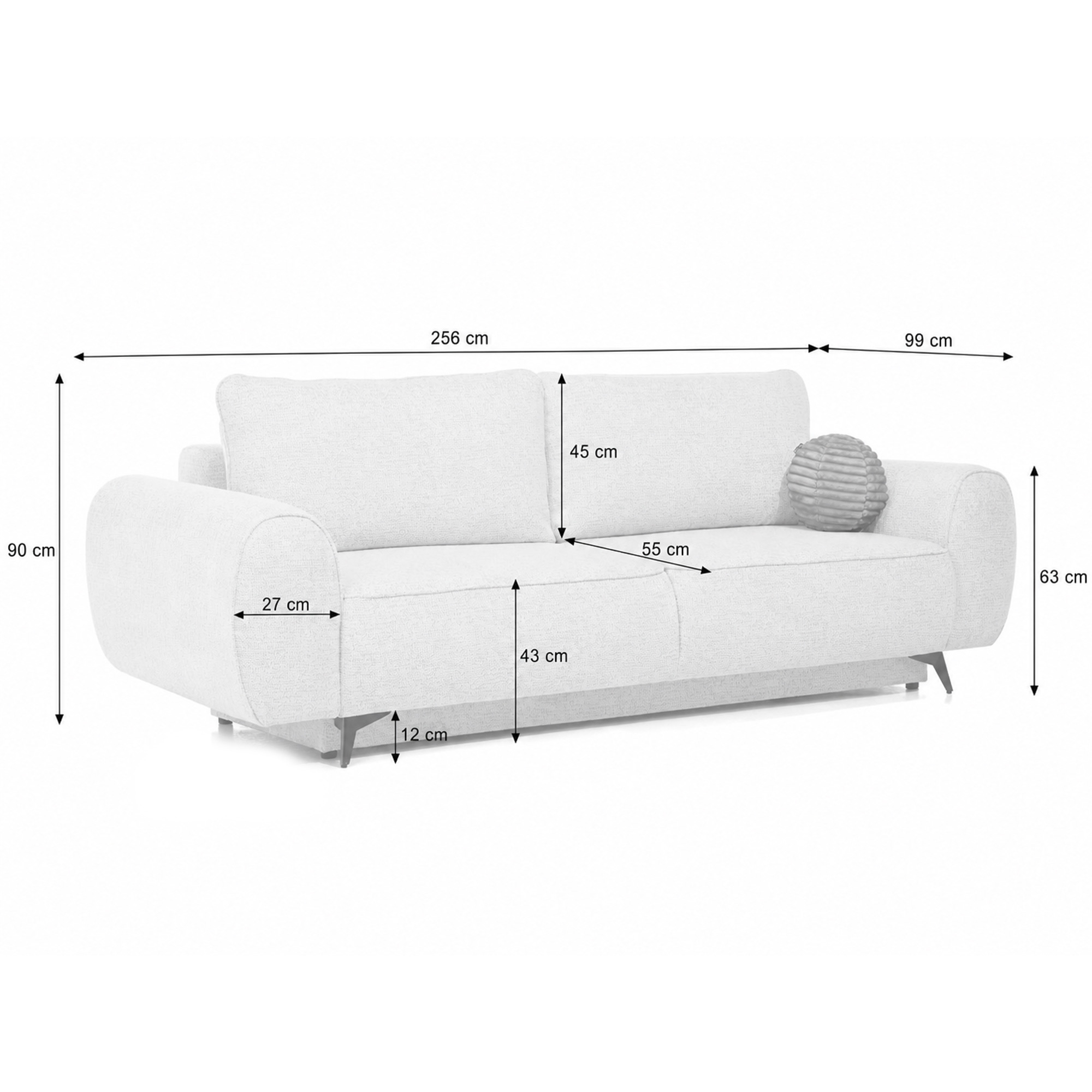 Wymiary sofy VITO 256 cm i powierzchnia spania 200x144 cm
