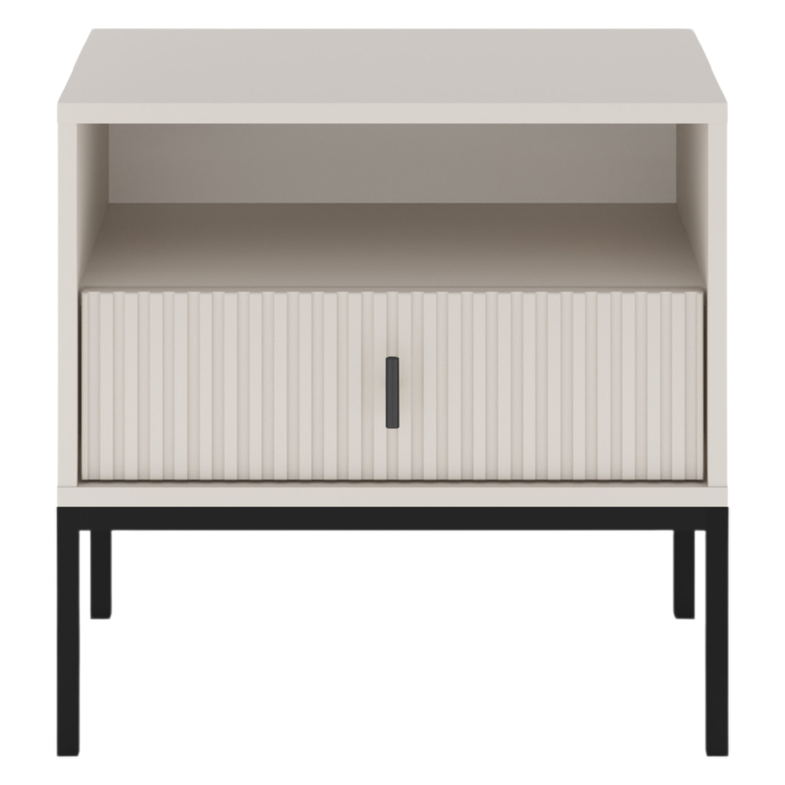 Szafka nocna MARVELLO – ryflowany front MDF i czarny metalowy uchwyt