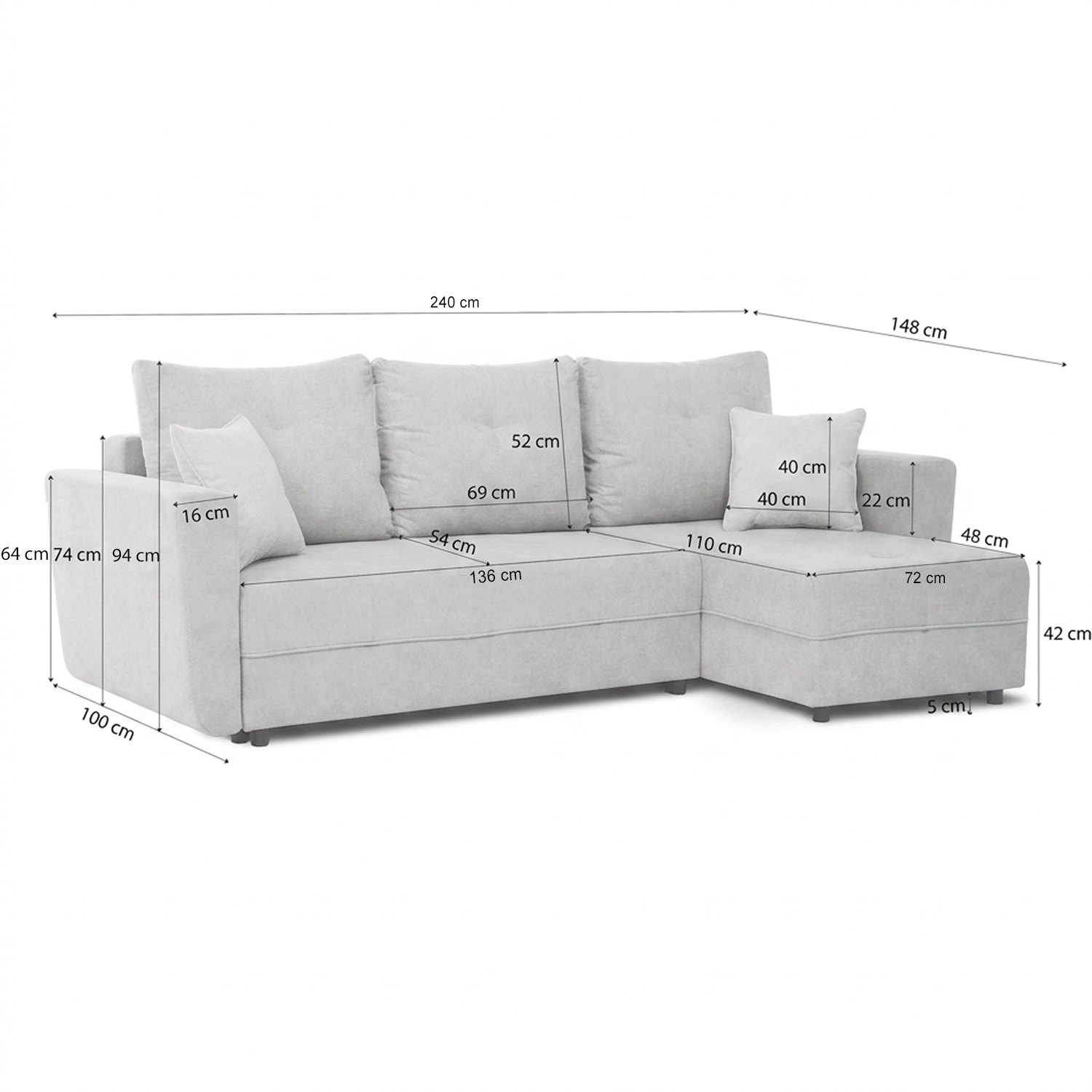 Wymiary narożnika VERONA – 240 cm, funkcja spania 142x208 cm