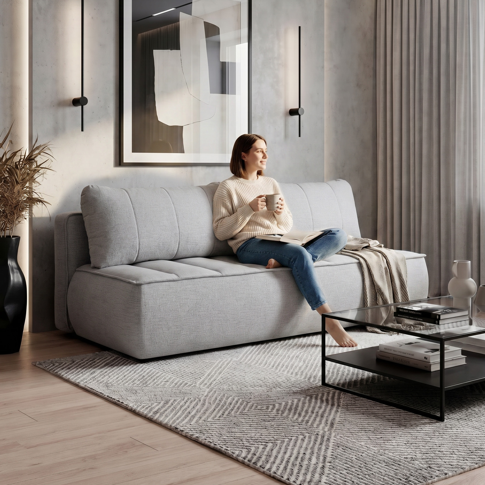 Sofa DORIS – nowoczesna sofa rozkładana z pojemnikiem na pościel
