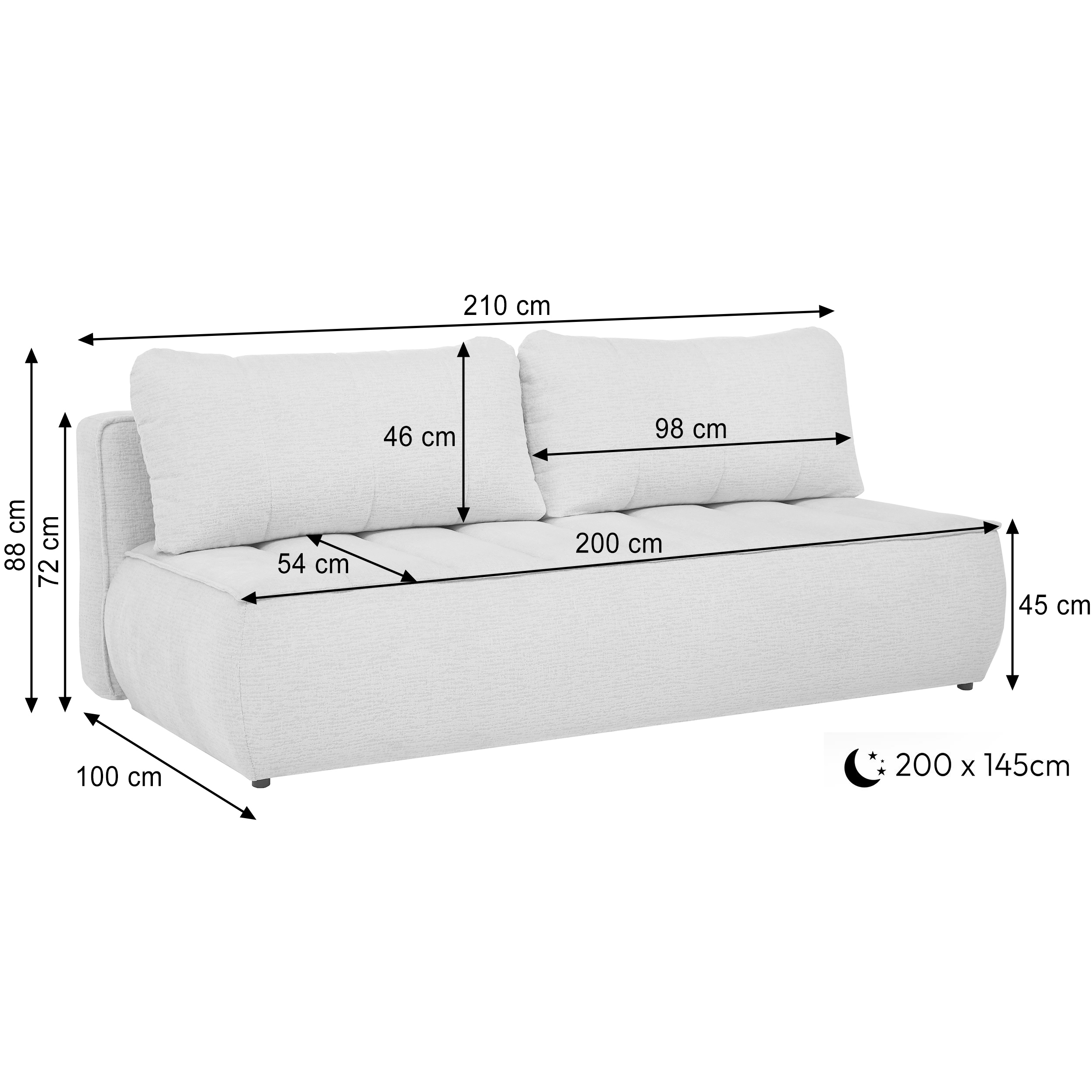 Wymiary sofy DORIS – 210x100x92 cm, powierzchnia spania 200x145 cm