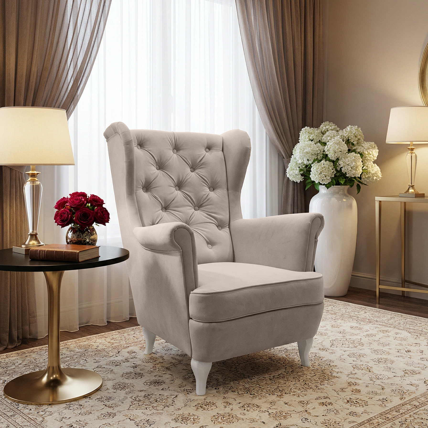 Fotel Uszak FALCO w aranżacji salonu – elegancki fotel Chesterfield