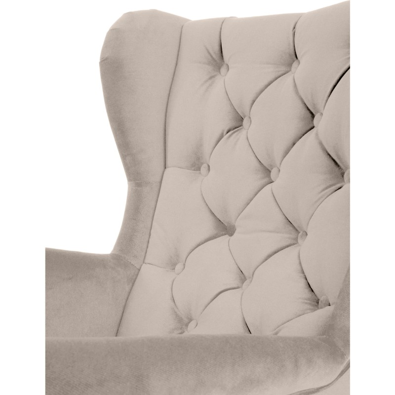 Detale fotela FALCO – przeszycia Chesterfield, tapicerka i drewniane nogi
