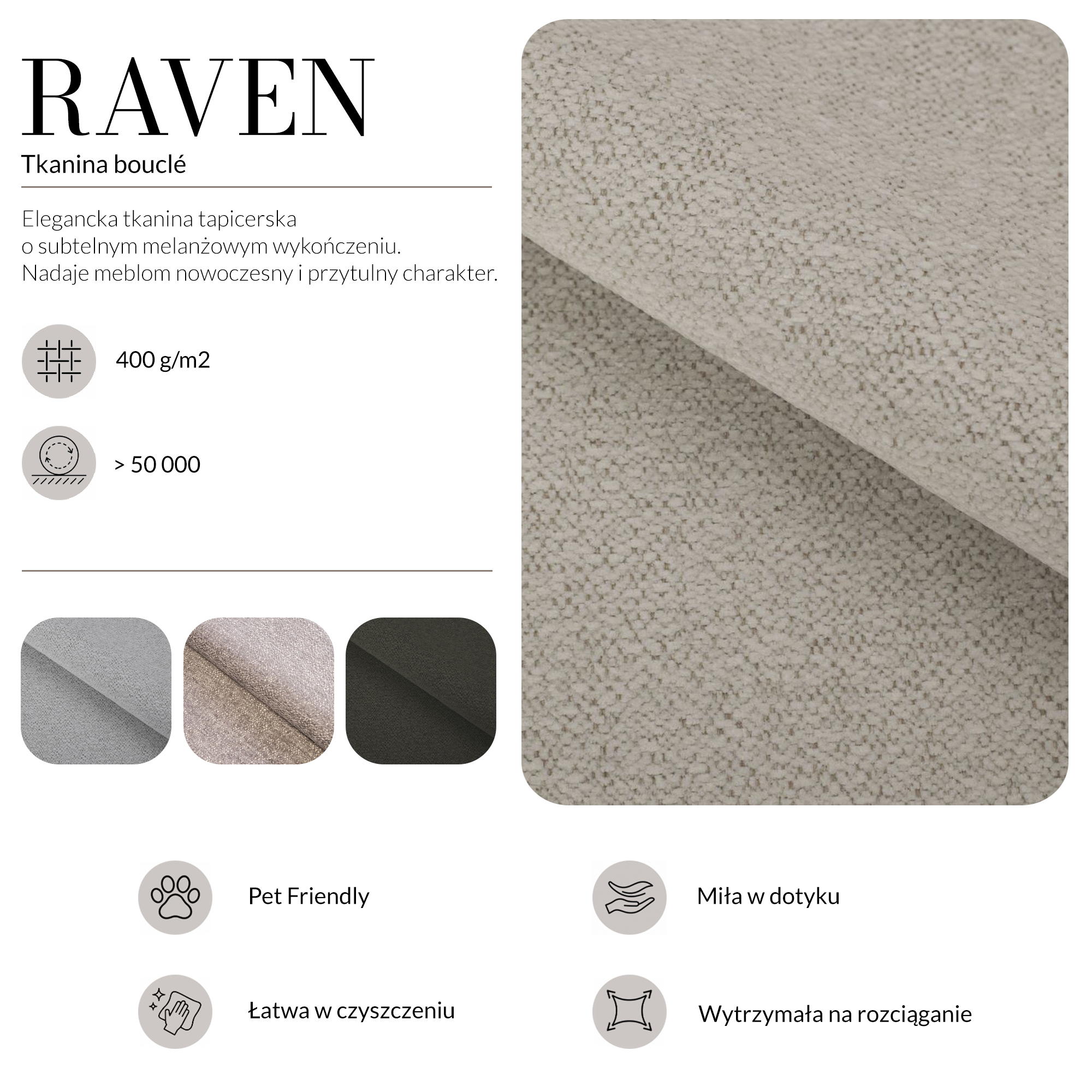 Tkaniny fotela LEONARDO – Aston, Velo i Raven bouclé