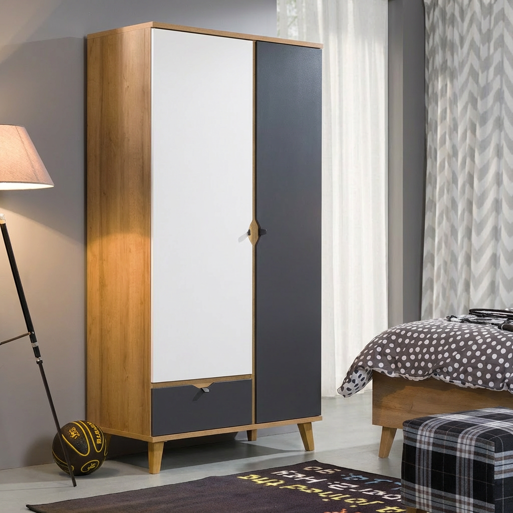 Szafa MORENO do pokoju młodzieżowego – dąb złoty, matowa biel i grafit