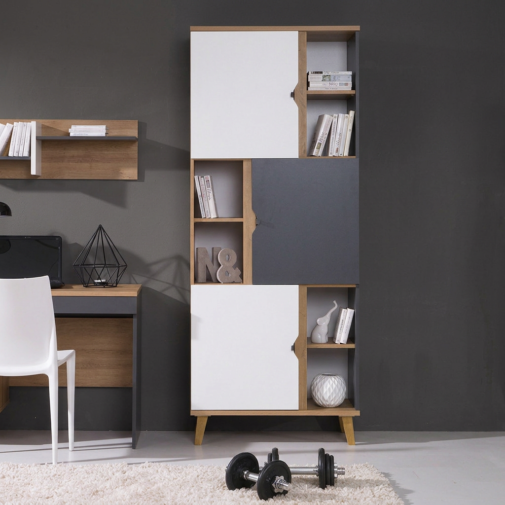 Regał MORENO 80 cm – dąb złoty, biel i grafit w nowoczesnym wnętrzu
