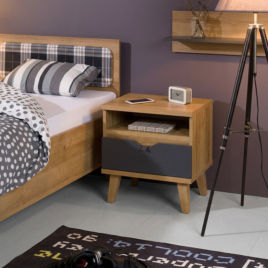 Szafka nocna MORENO w pokoju młodzieżowym – dąb gold, matowa biel, grafit
