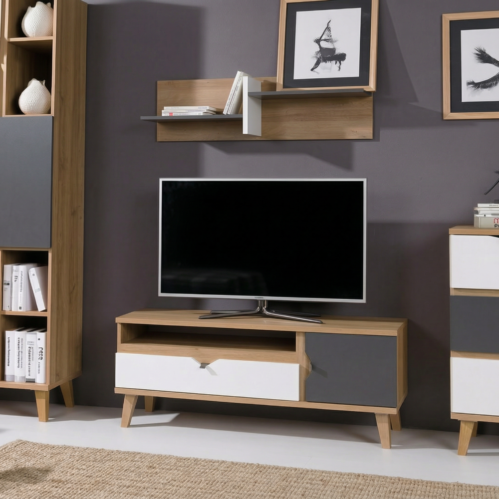 Szafka RTV MORENO 120 cm – dąb złoty, matowa biel i grafit w pokoju młodzieżowym