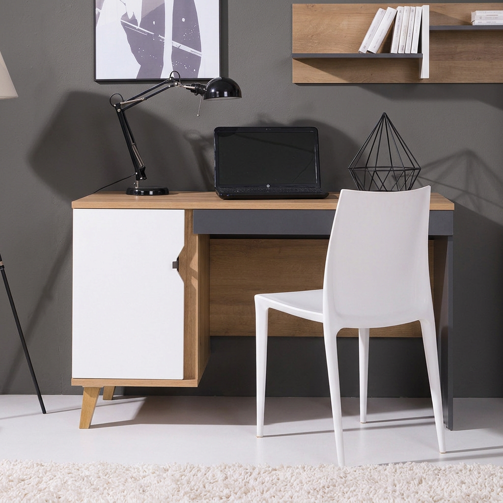 Biurko MORENO 110 cm – dąb złoty, matowa biel i grafit w pokoju młodzieżowym